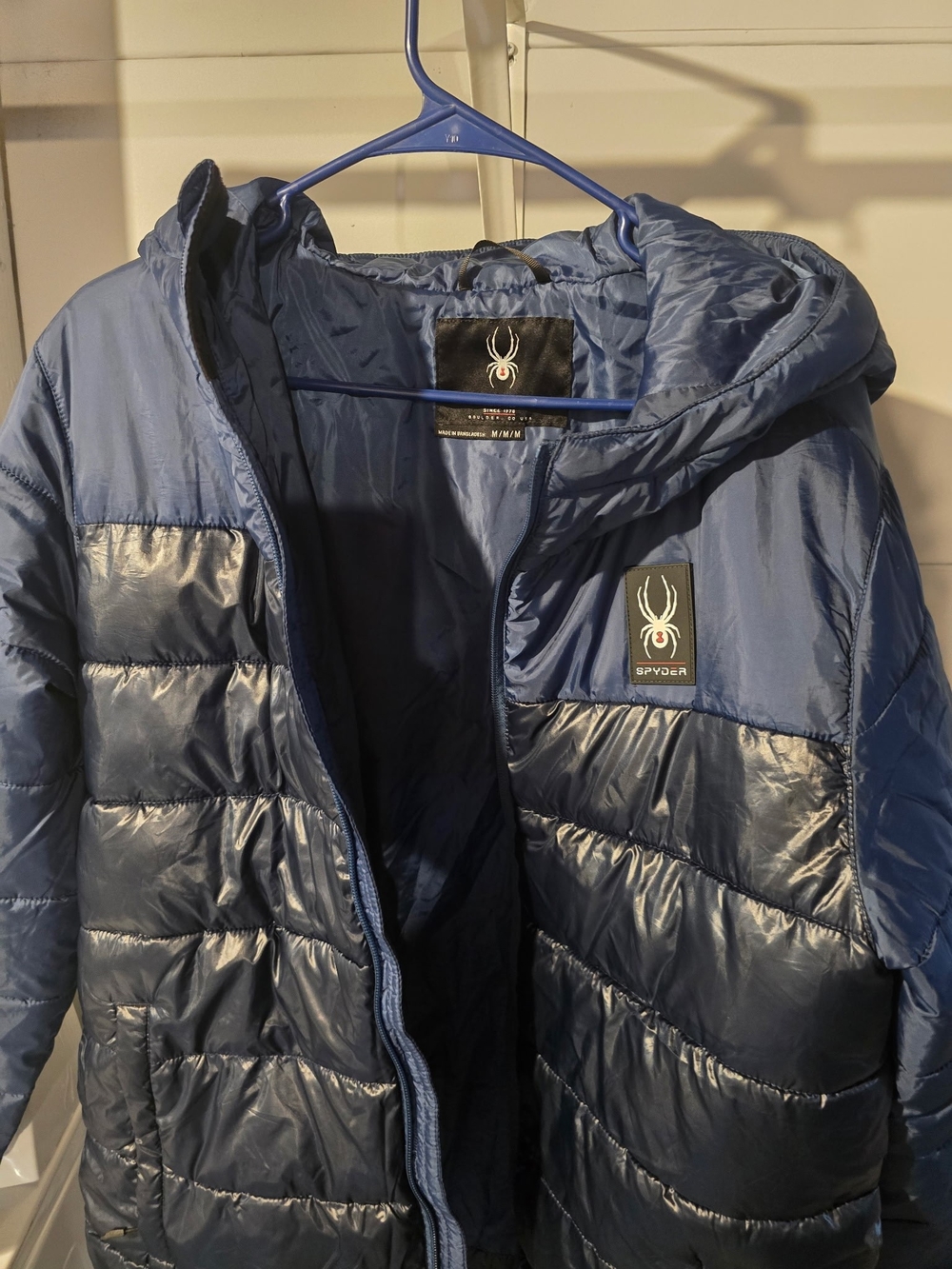 Spyder Mens Circuit Block Puffer Jacket Blue Insulated Hooded Winter Coat Size M